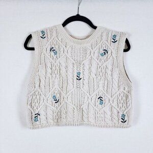 Zara Embroidered Sweater Vest Womens S Cream Cable Knit Cropped Cottagecore